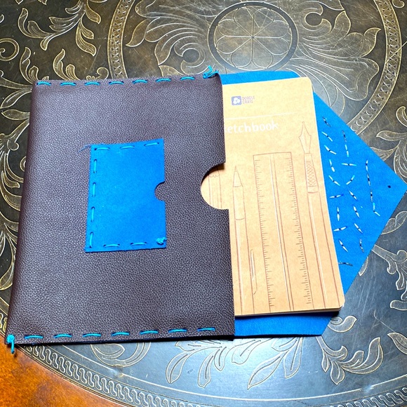 Embellished Handmade Leather Sketch Book Handbag Blue & Brown - Picture 8 of 10